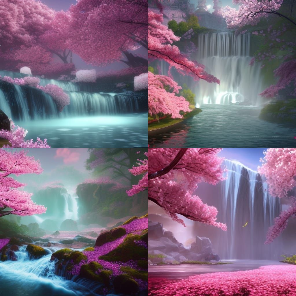 Cherry Blossom Waterfall Fantasy Concept Art