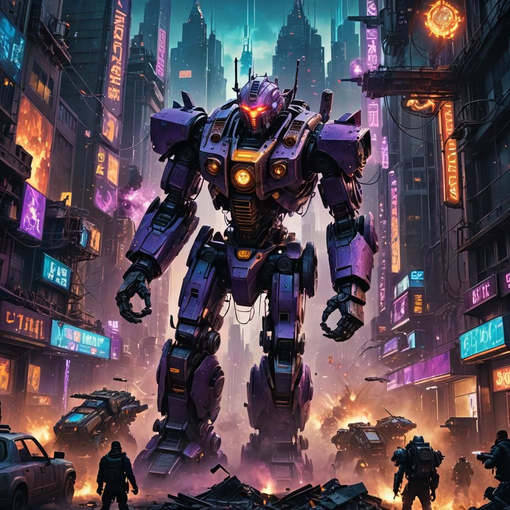 Epic Robot Battle in Cyberpunk Steampunk Cityscape