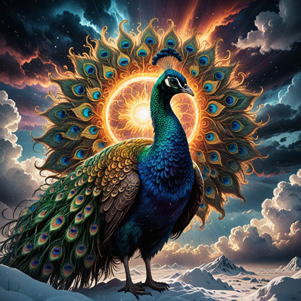 Vibrant Peacock Surrounded by Cosmic Storm