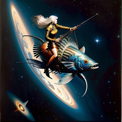 Woman Riding Fish in Space: A Surreal Oil Painting