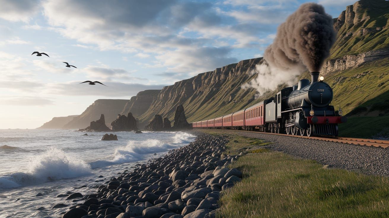Steam Train Chugs Along Rocky Coastline