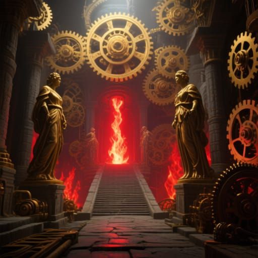 Steampunk Temple of Golden Gears and Firelight