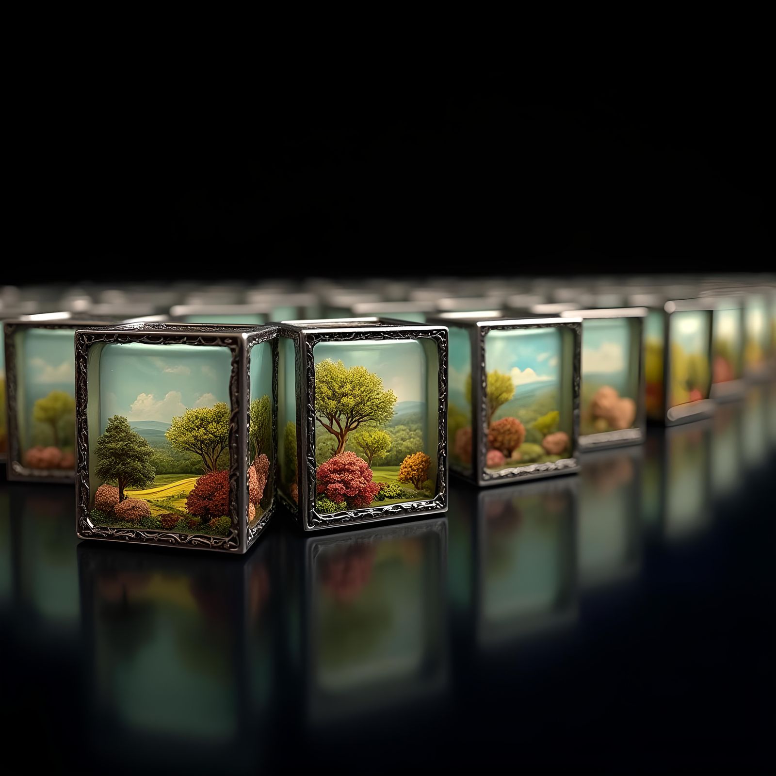 Holographic Infinite Landscape in Vintage Glass Cubes