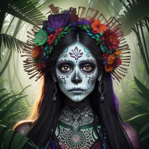 Woman with Sugar Skull Makeup in Forest, Mixed Media