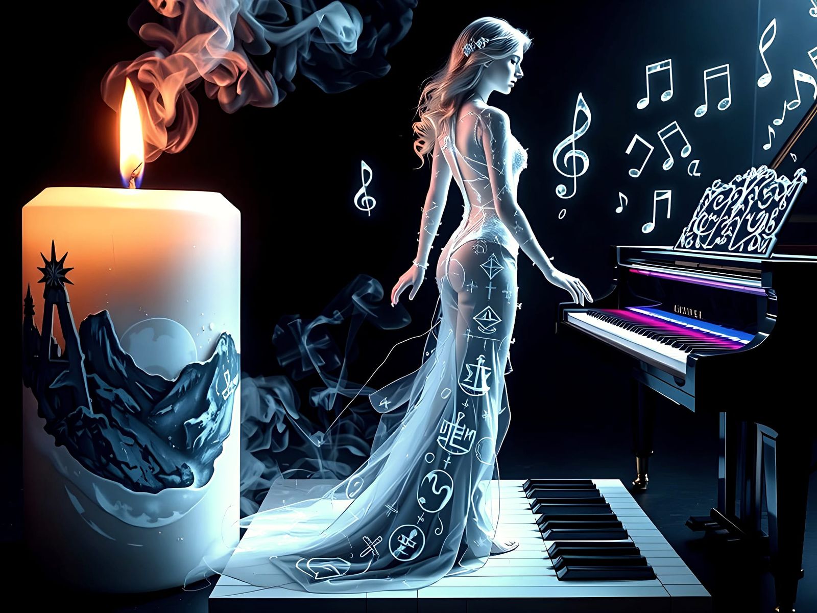 Mystical Candle with Woman on Piano Keys