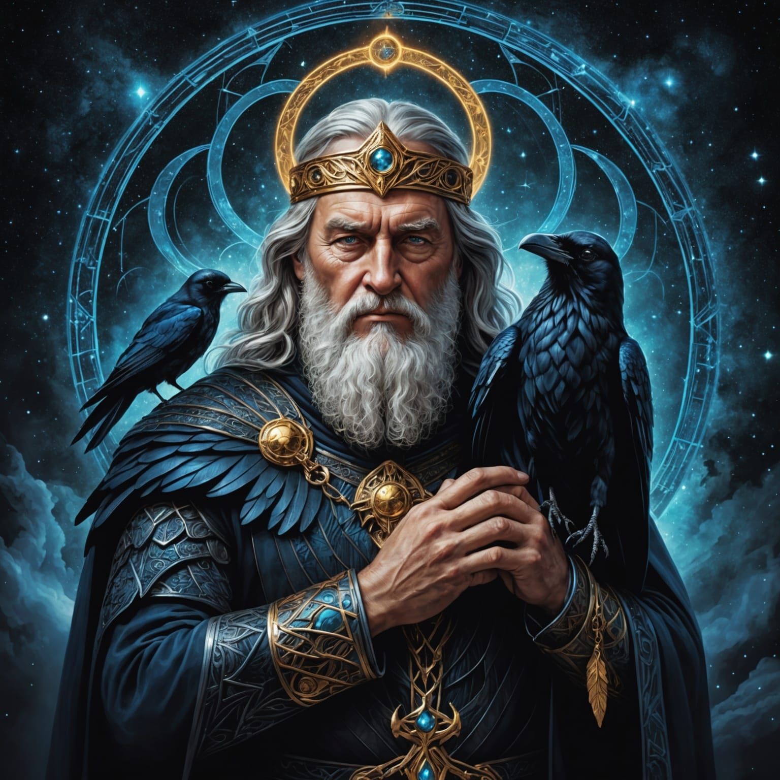 Odin Embraces Raven in Cosmic Astral Illustration