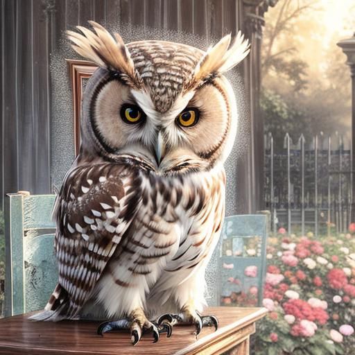 Owl in Rose Garden Sitting on Chair