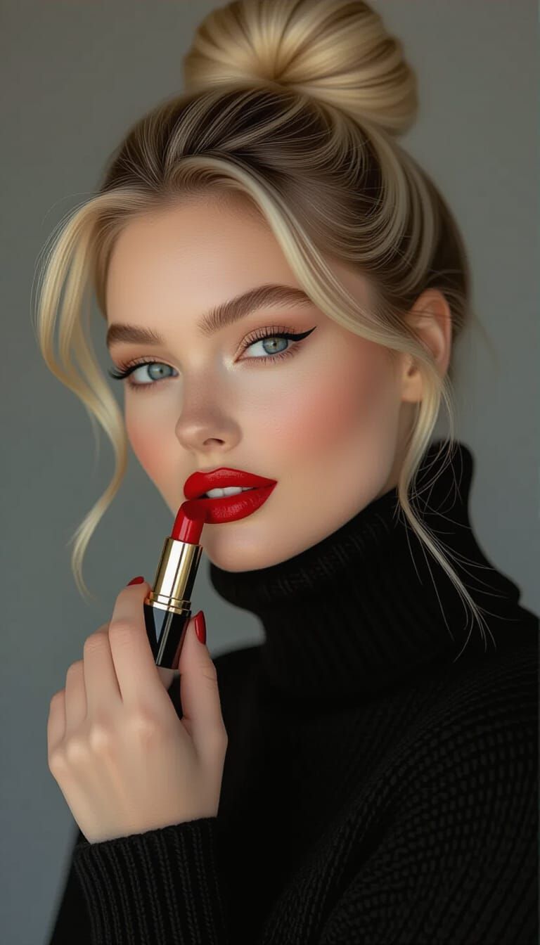 Russian Model in Black Turtleneck with Red Lipstick