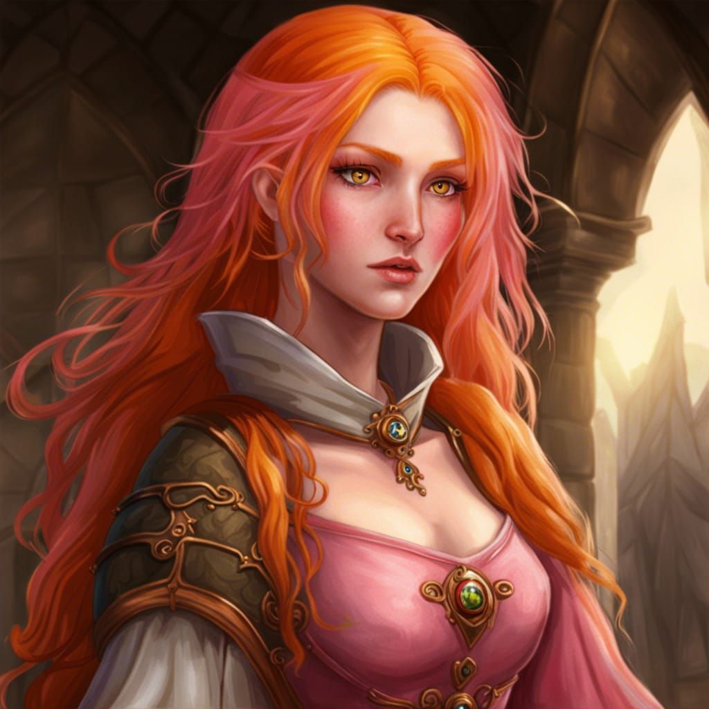 Medieval Saintess with Orange Hair and Pink Eyes