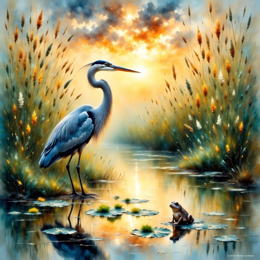 Heron in Impressionistic Sunset Hues