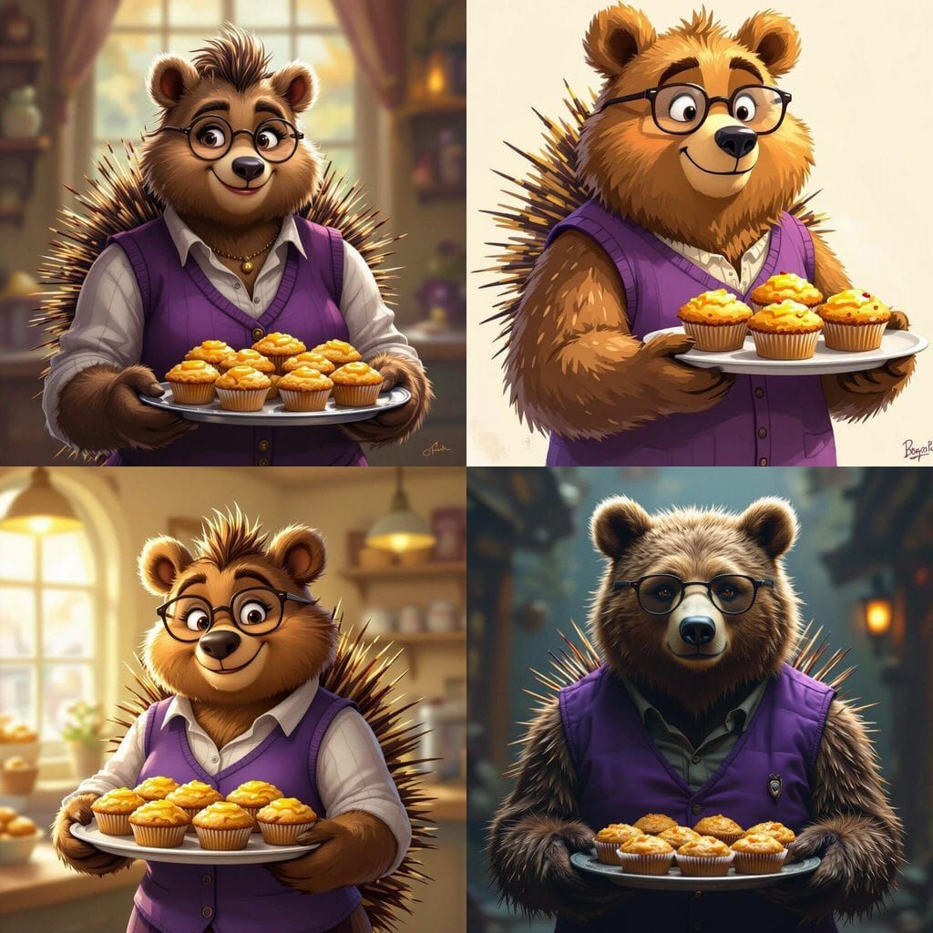 Giant Kind Bear with Spikes Holds Honey Muffins