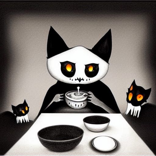 Eerie Ghostly Cats Drink Milk: Halloween Gothic Art