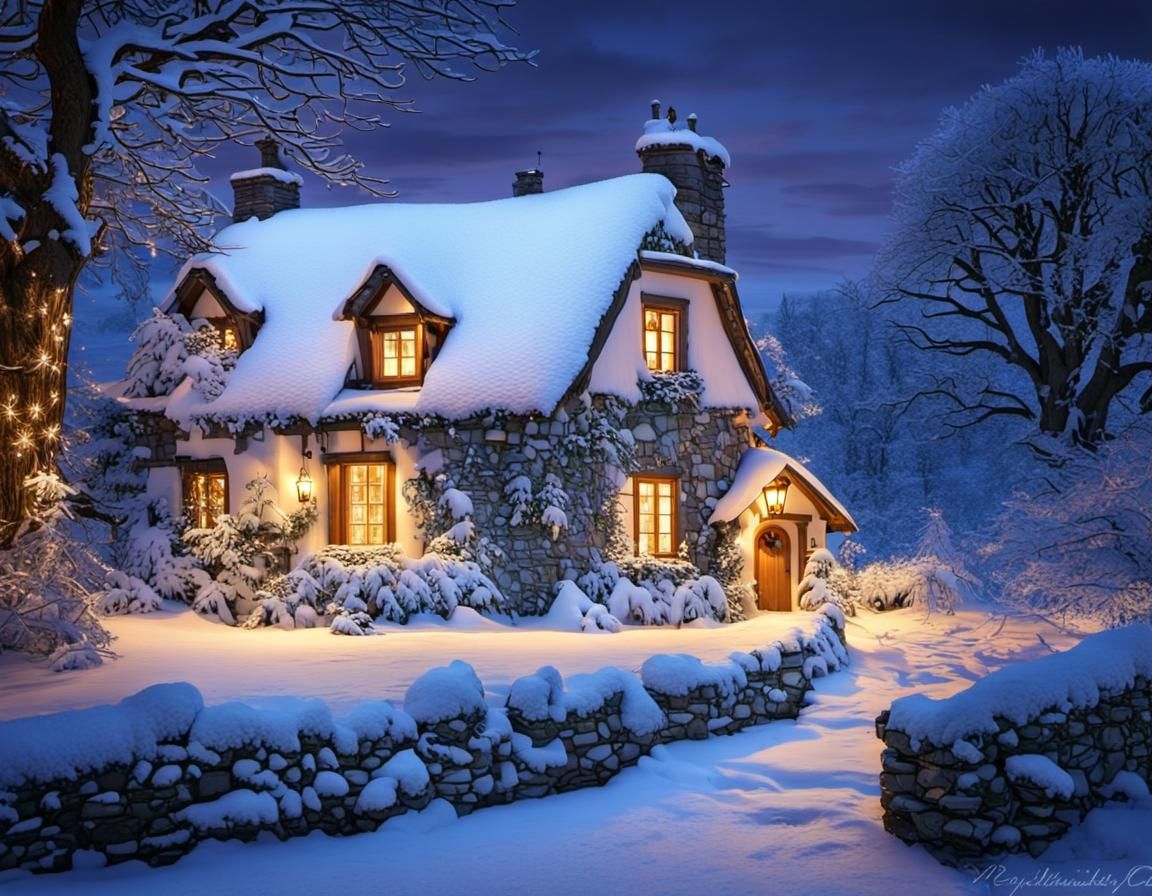 Fairytale Cottage in Winter Wonderland at Twilight