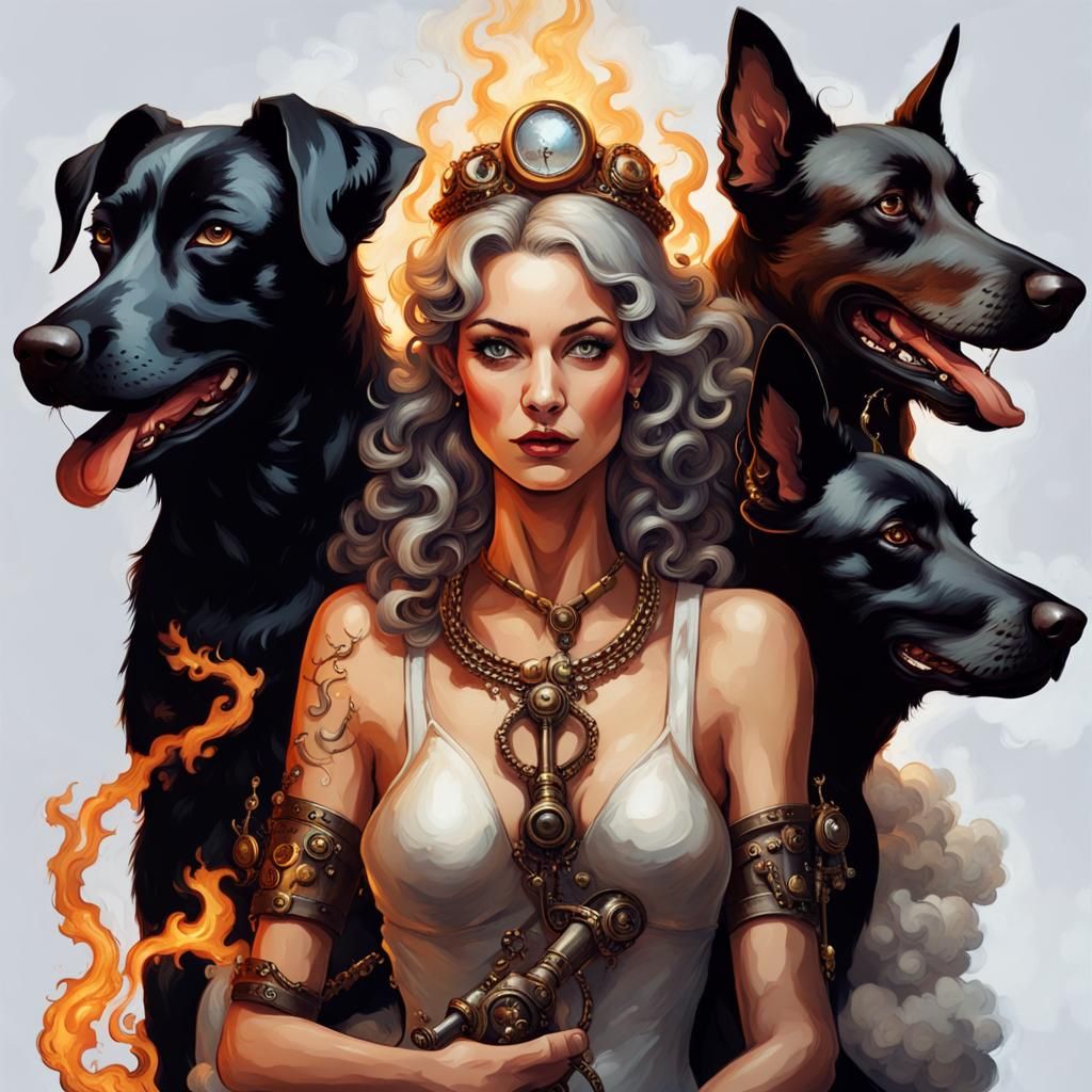 Three-Headed Goddess Between Heaven and Hell in Steampunk St...