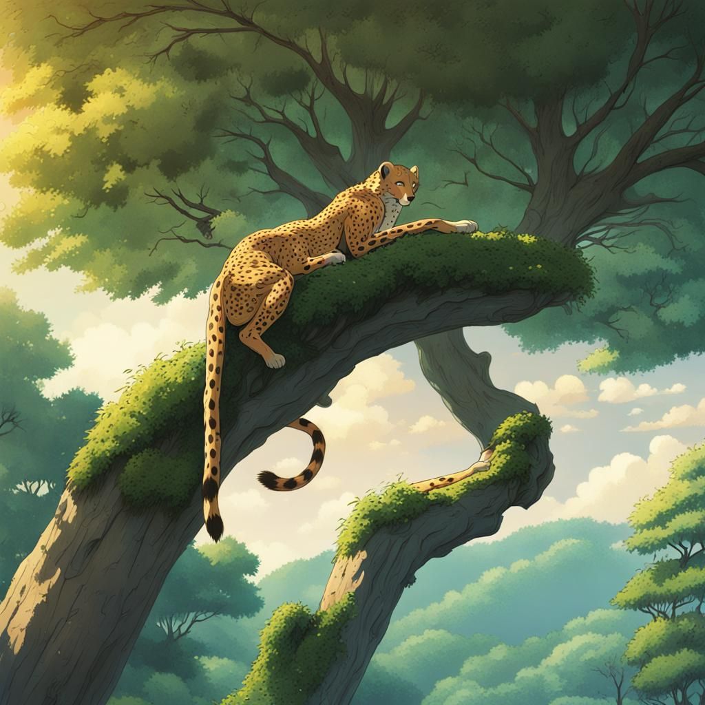 Cheetah Climbing Tree in Studio Ghibli Style