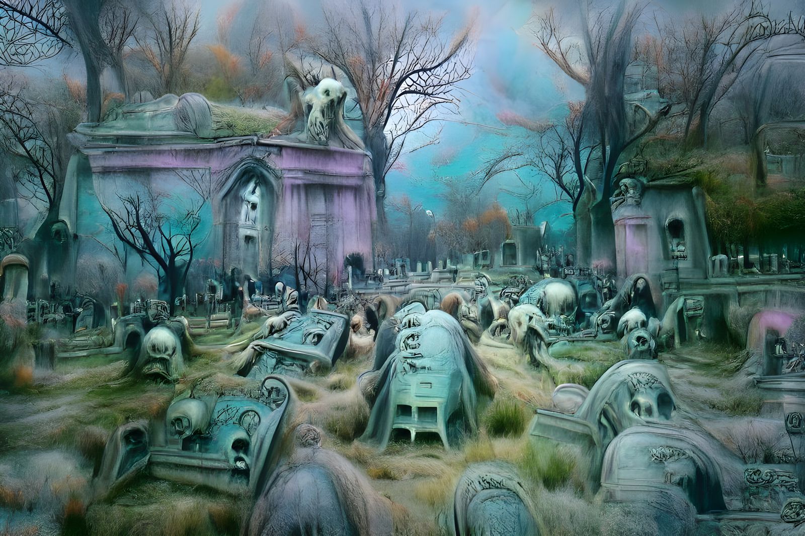 Haunted Cemetery in Steampunk Style, Digital Illustration