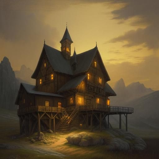 Rustic Inn in Moonlit Landscape, Traditional Fantasy Illustr...