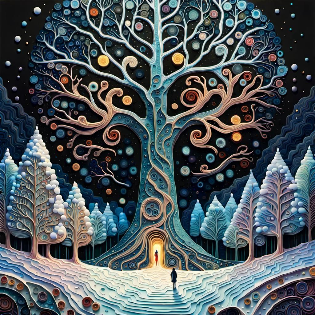 Bioluminescent Tree of Life in Winter Forest