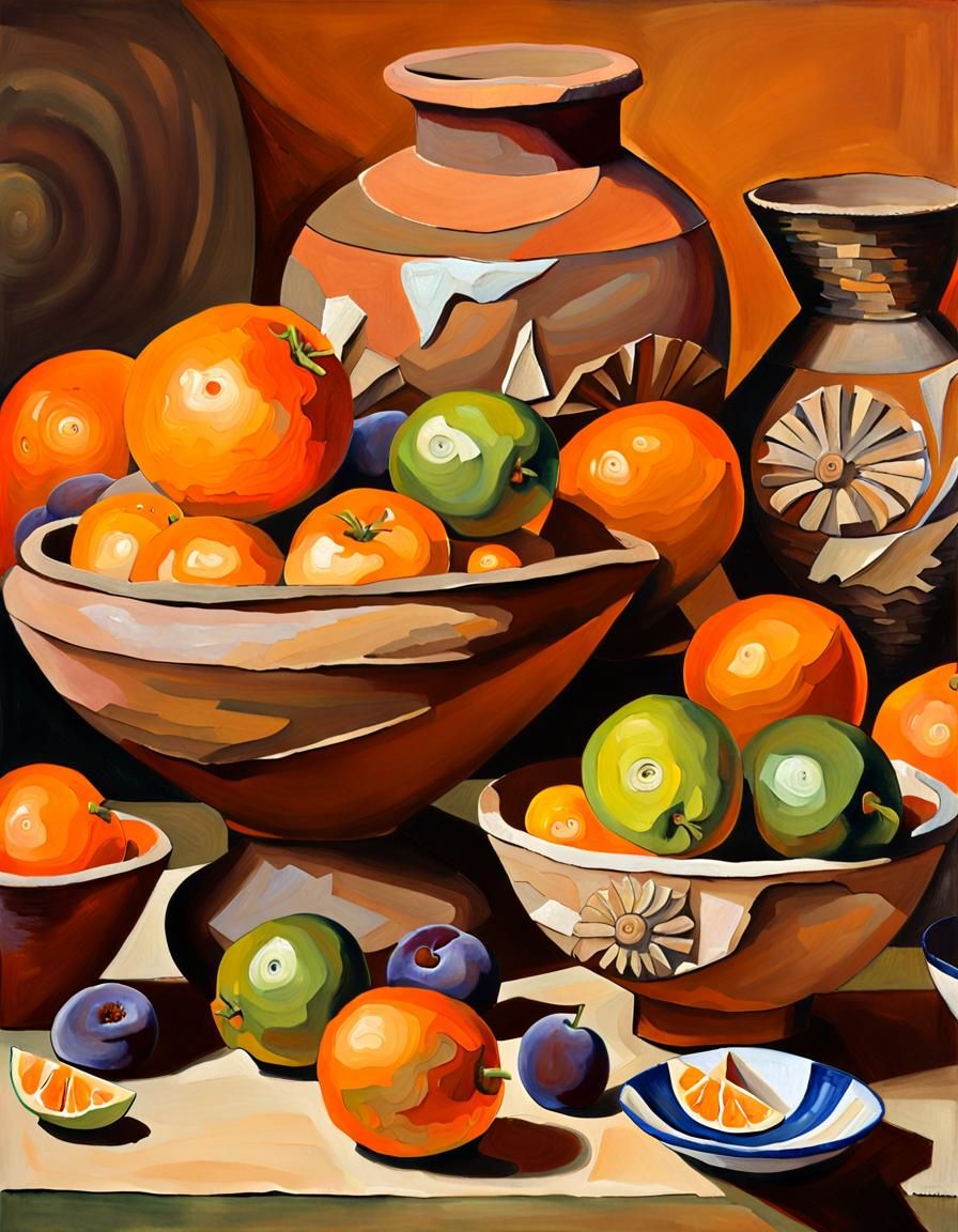 Cubist Still Life with Clay Jar and Fruit