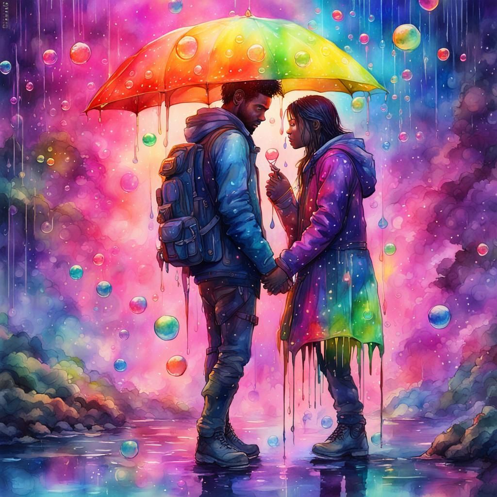 Neon Watercolor Lovers in a Fantasy Landscape