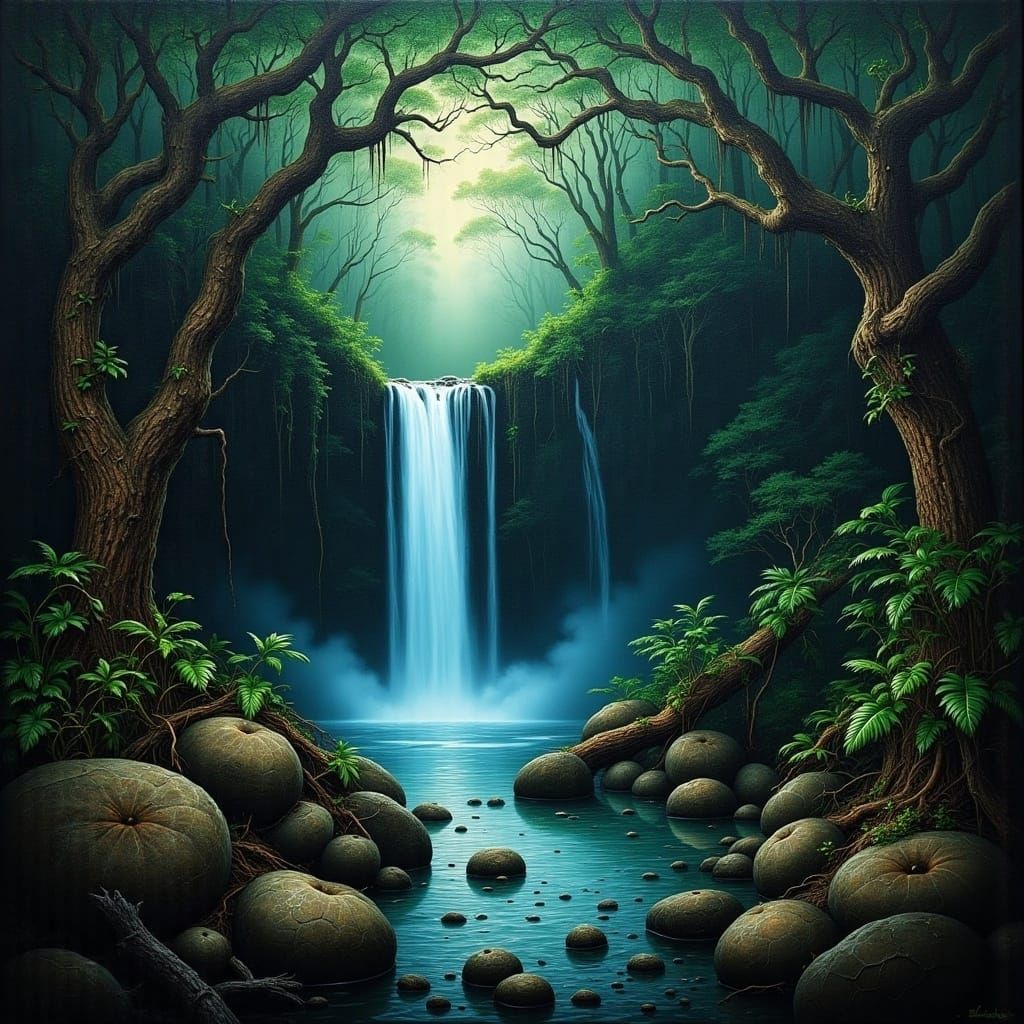 Jungle Waterfall at Night as Oil Painting