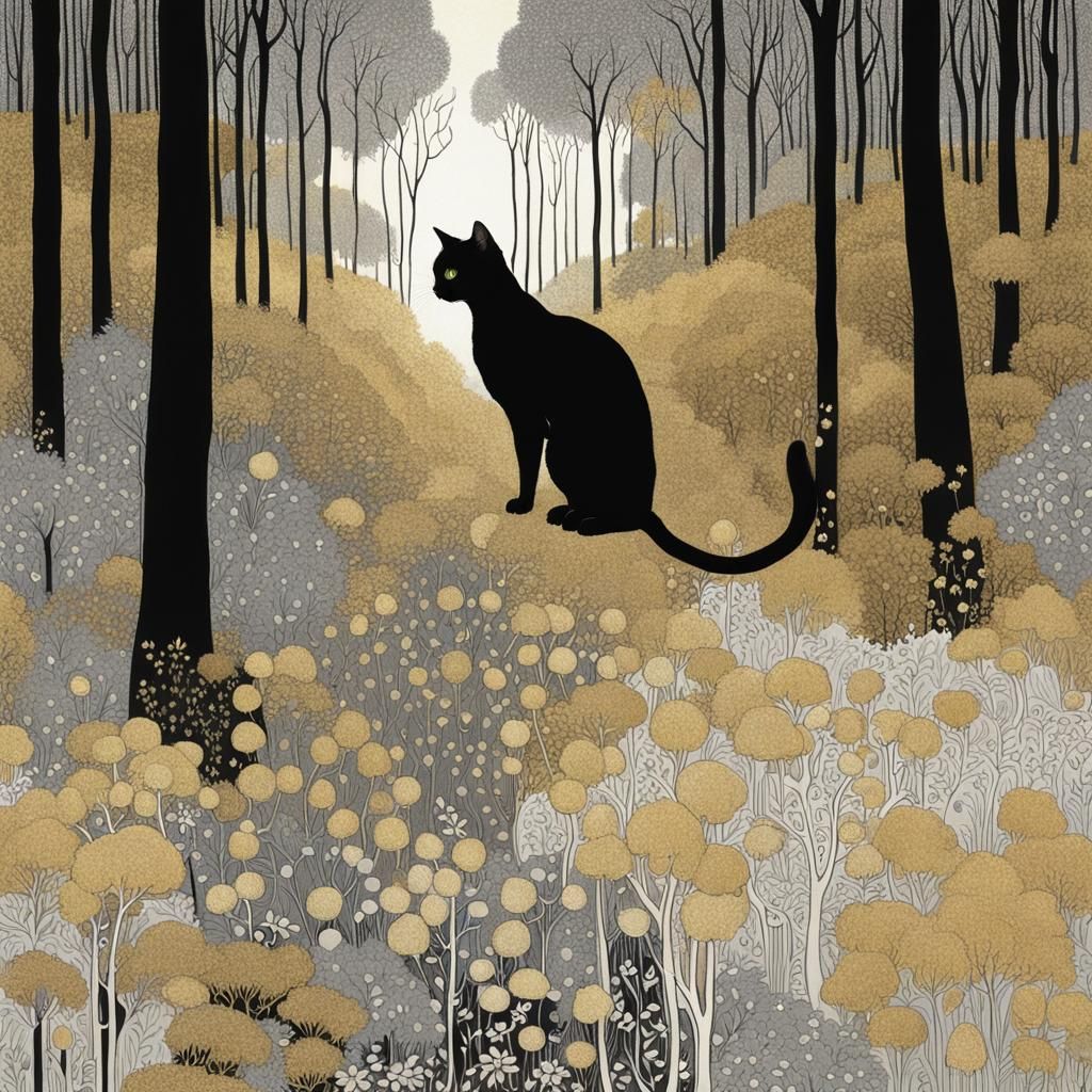 Golden Cat in Forest, Klimt-Doré Style