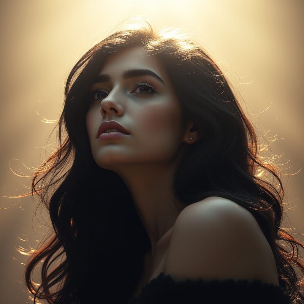 Woman in Golden Light with Starry Sky