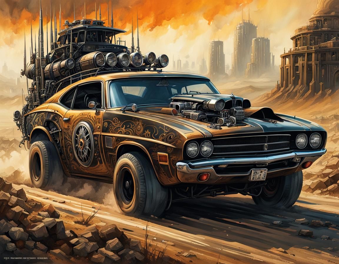 Mad Max Muscle Car in Watercolor Style