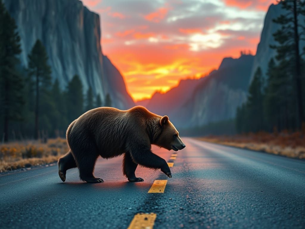 Surreal Dusk: Bear Crossing Road in Yosemite