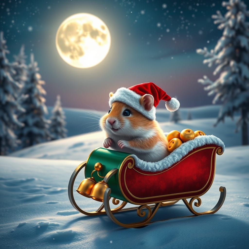 Whimsical Hamster in Resplendent Sleigh, Under Celestial Sky