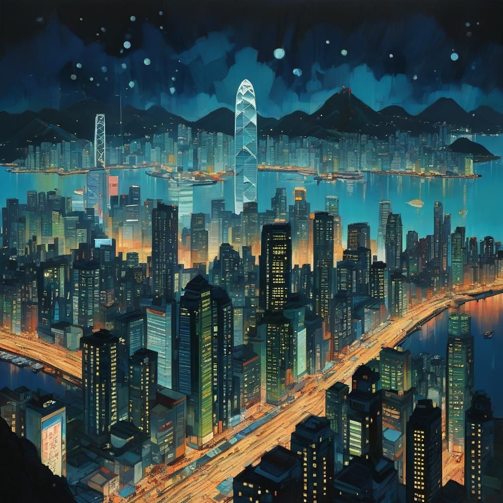 Hong Kong at Night: Oil Painting with Dynamic Lighting