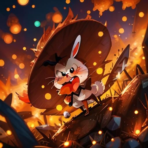 Angry Bugs Bunny Close-Up with Fiery Background