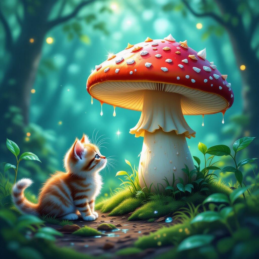 Kitten's Discovery: Magical Mushroom in Fantasy Forest