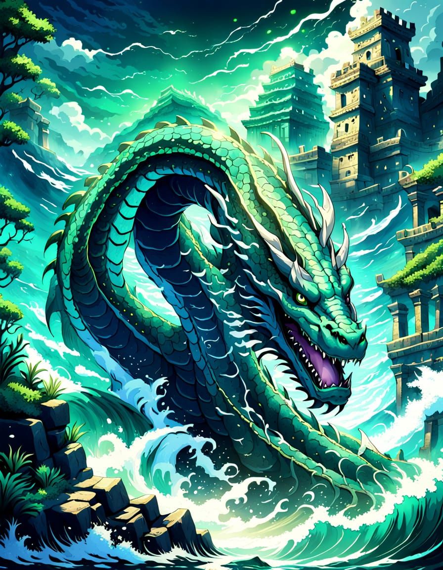 Colossal Sea Serpent Emerges from Ocean Depths in Anime Styl...