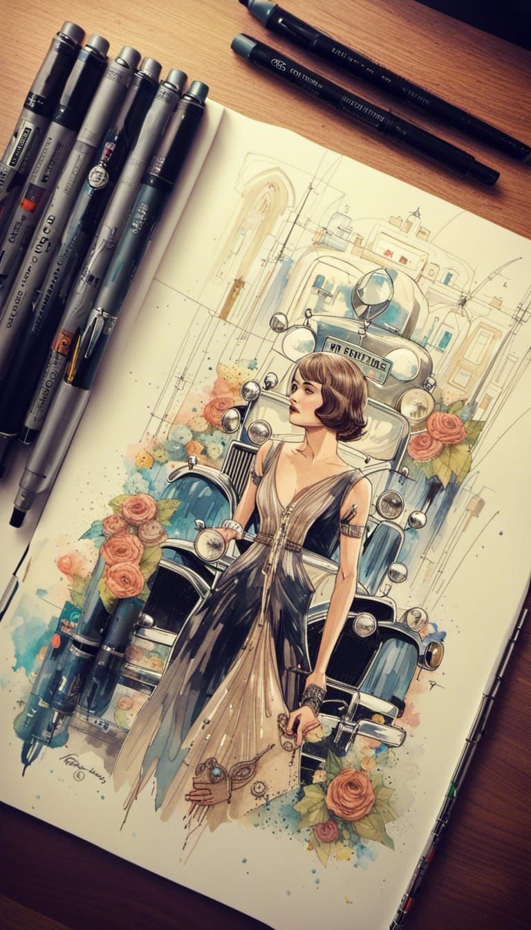 the Great Gatsby movie poster ,sketchbook pages copic markers, beauty girl, hyper detailed, insane details, intricate, e...