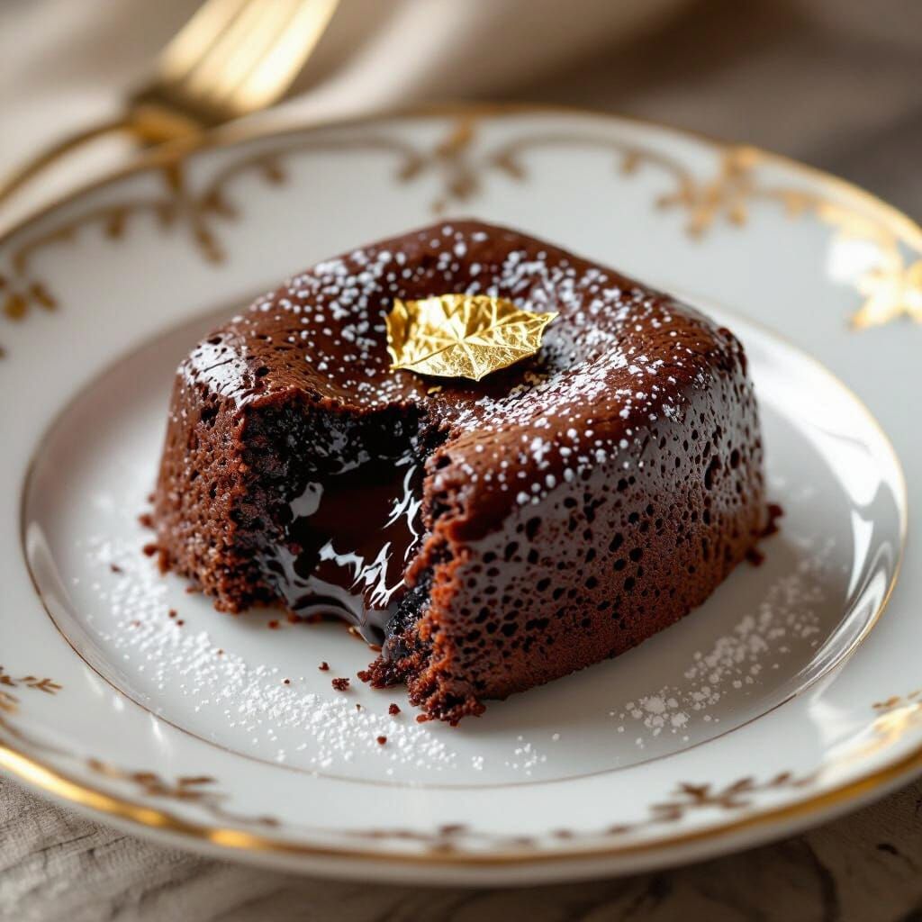 Decadent Molten Lava Cake with Gold Leaf on Fancy Plate