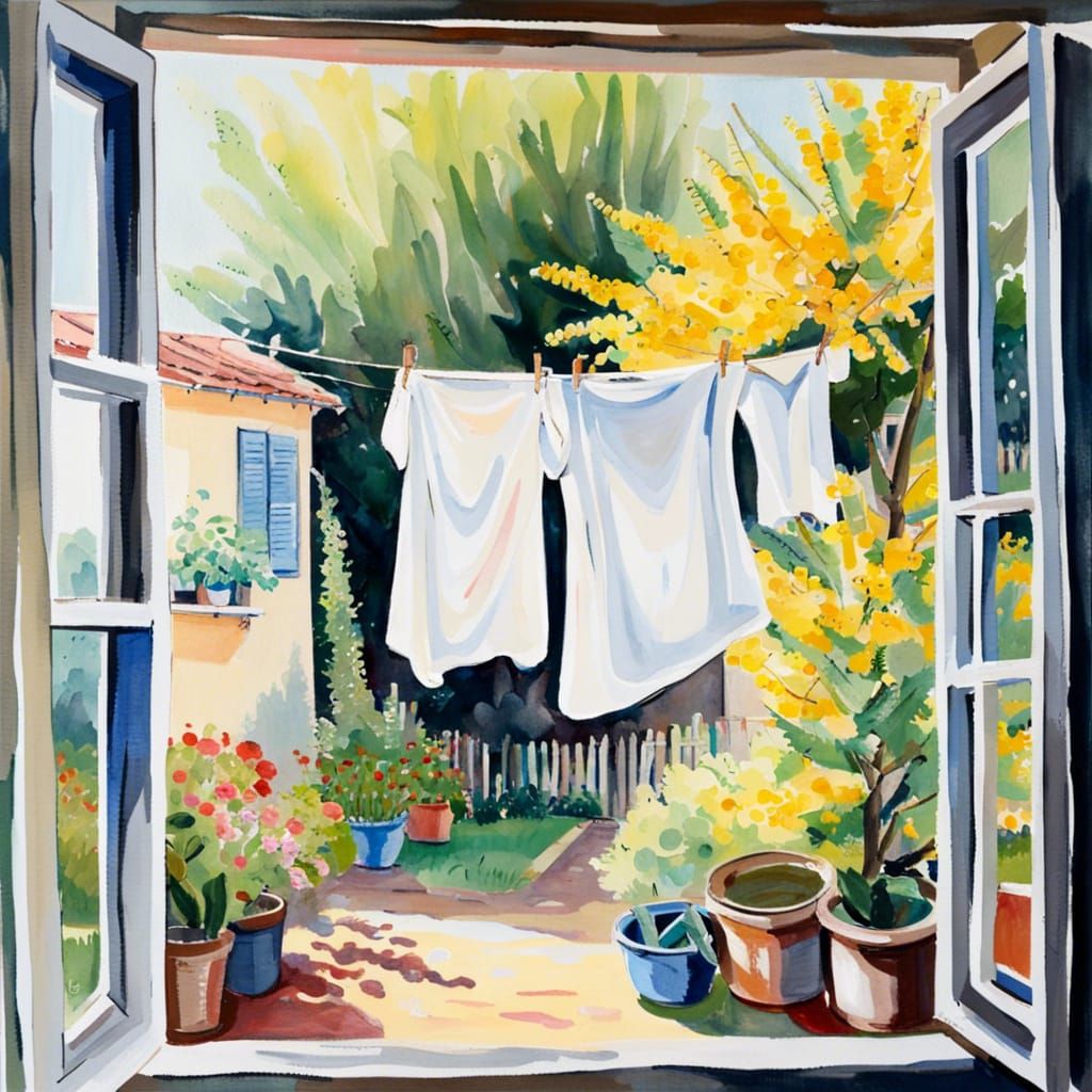Garden View Through Window in Gouache Watercolor Style