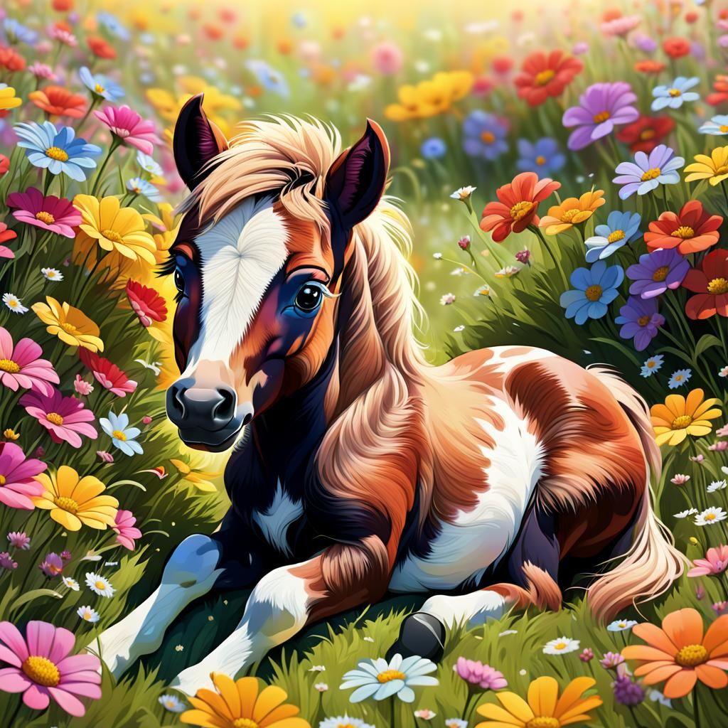 Adorable Foal Relaxing in Colorful Floral Meadow