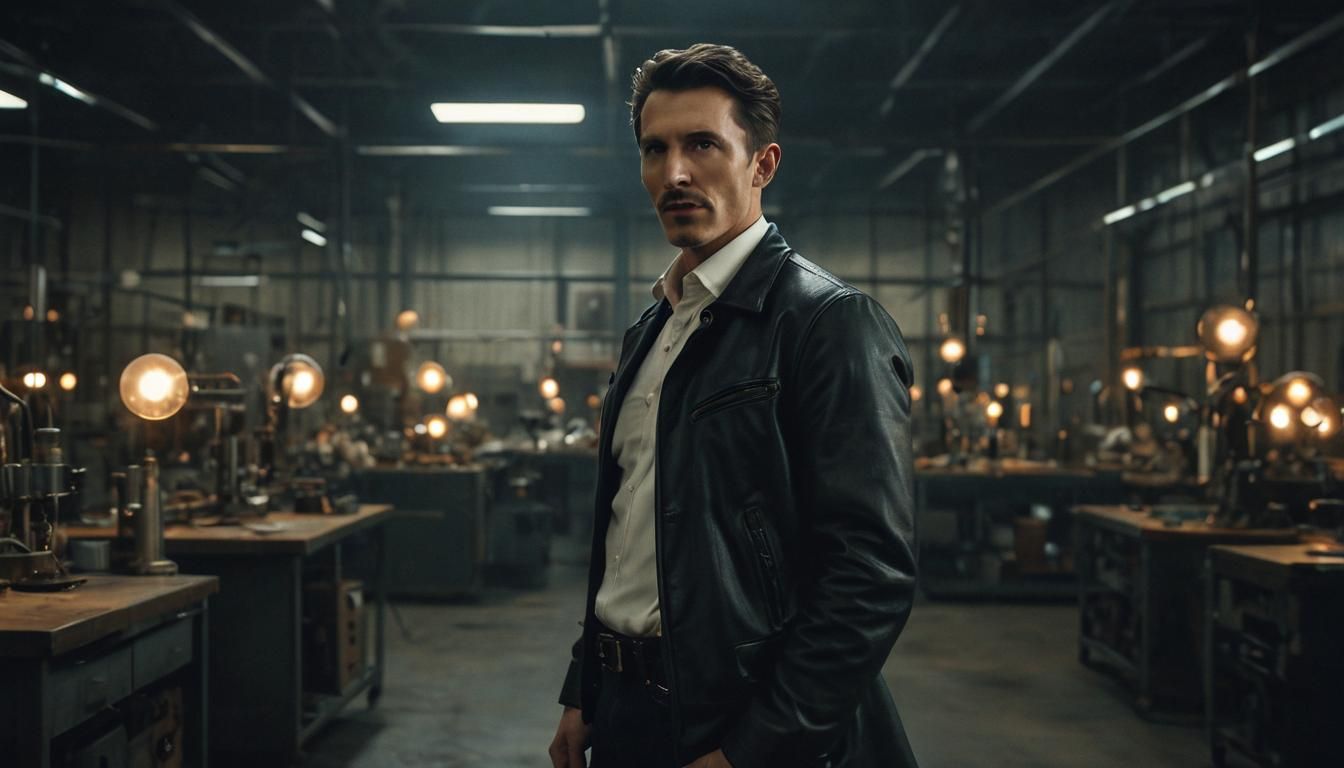 Nikola Tesla in Modern Attire: Cinematic Film Still