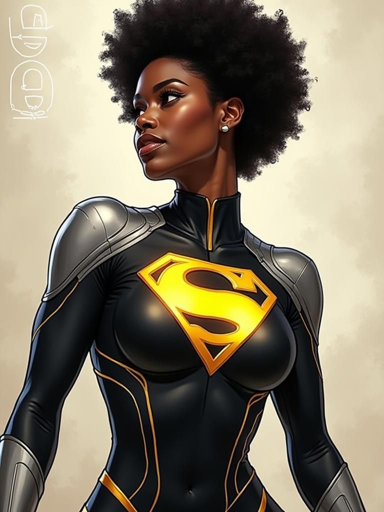 Dynamic Black Superheroine with Metallic 'S' Emblem