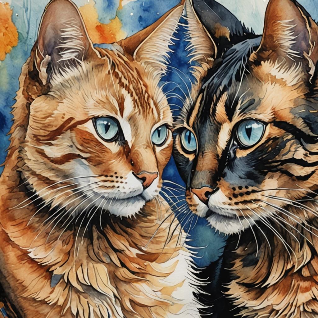 Orange Tabby and Black Cat Portrait as Watercolor