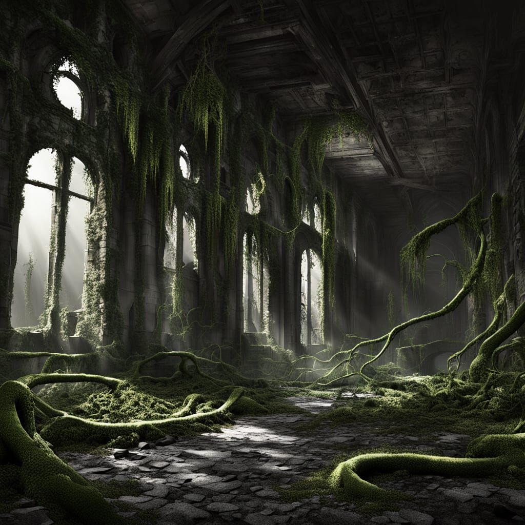 Ancient Castle Courtyard Lost in Time and Vines