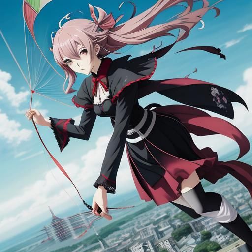 Japanese Gothic Girl Flying Kite: Anime Style