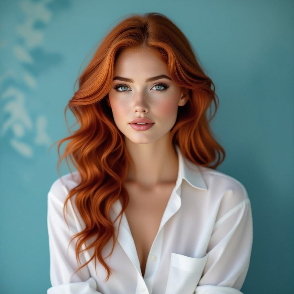 Elegant Red-Haired Woman in Blue Hues