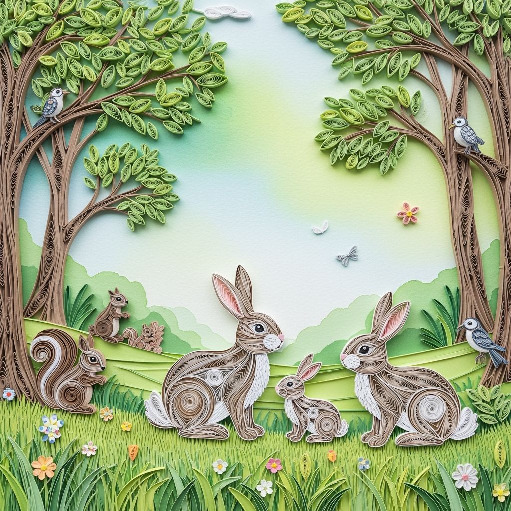 Rabbit Family in Field with Quilling Wildlife