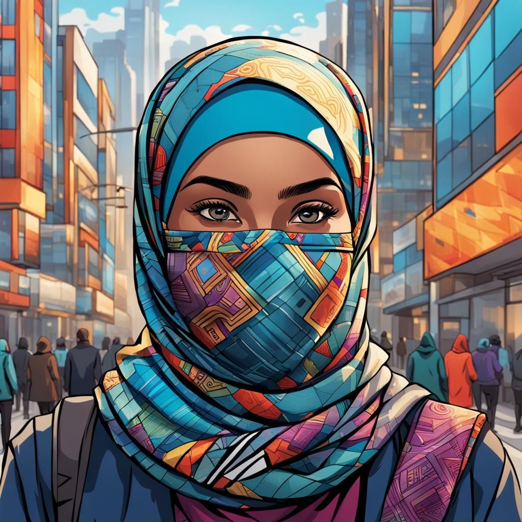 Woman in Hijab in Bustling City, Comic Book Art