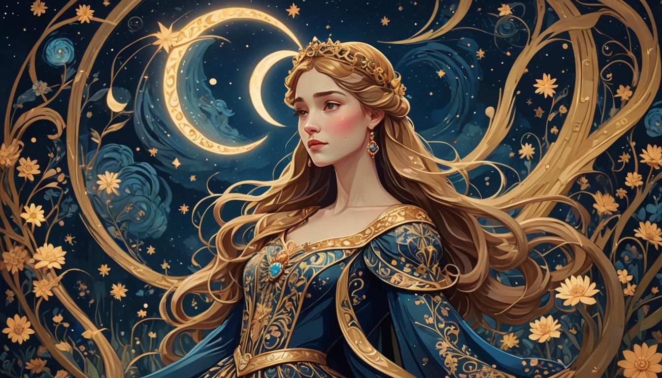 Art Nouveau Princess in Moonlit Garden Portrait