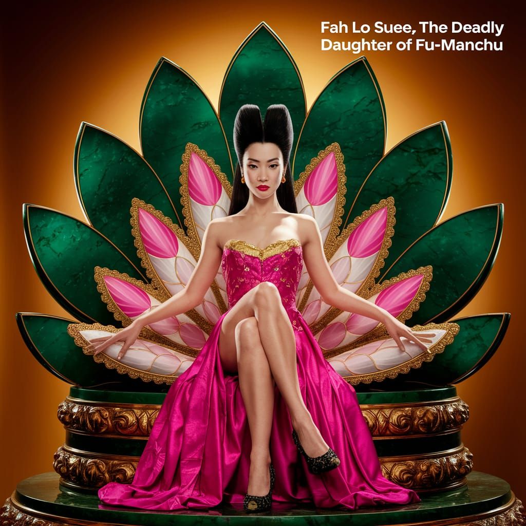 Movie Poster Upon an artistic (lotus flower throne:3)  made of Green Jade, gold and pink and white silk,
IMAGINE A young...