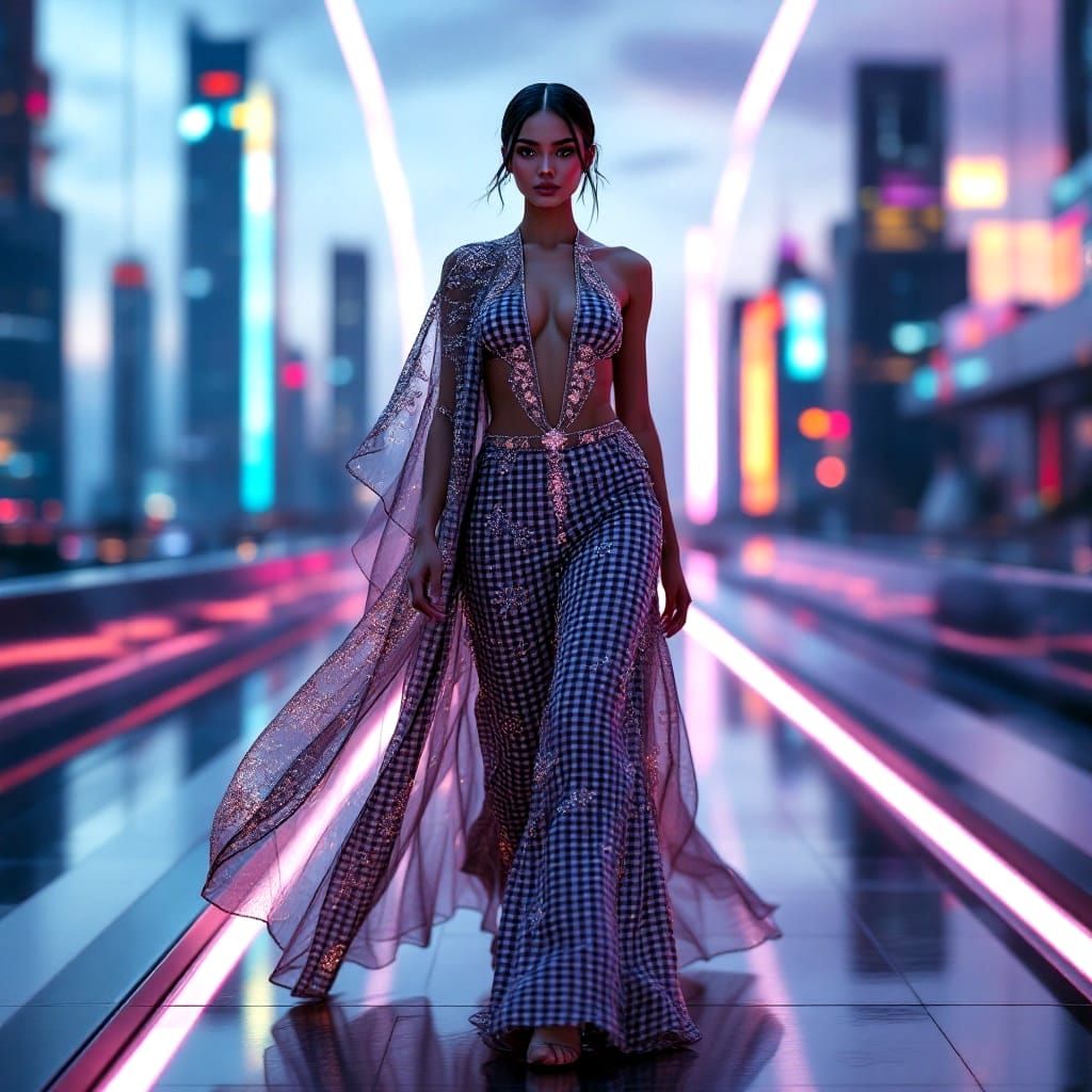 Fashion Model in Gingham Outfit on Infinity Runway