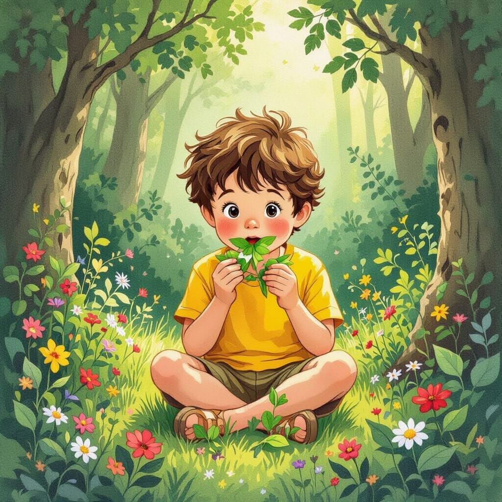 Boy in Forest Eating Flowers, Illustration